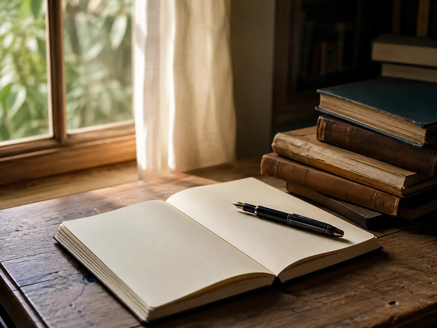 Caderno aberto, caneta e livros junto à janela
